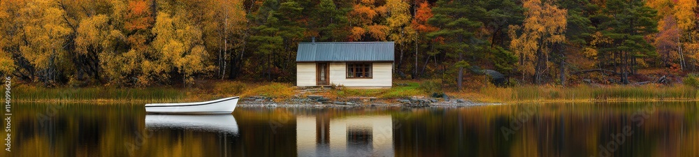 Autumn Lake House with Vibrant Reflections and Boat Autumn Lake House with Vibrant Reflections and Boat