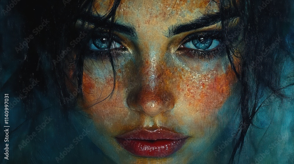 Intense gaze, textured face, artistic portrait. Intense gaze, textured face, artistic portrait.