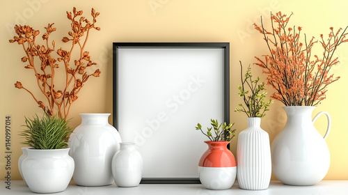 Frontal and close-up of vertical A4 frame with white canvas. Black angular frame on pearl yellow wall, metal console, indirect lighting, porcelain floor, modern potted plants, architectural perspectiv photo