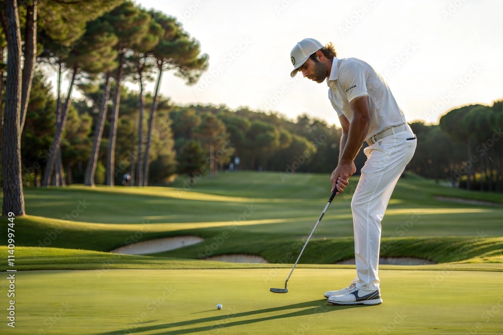 Fototapeta premium Professional Golfer Sinks Putt into Hole on Green 