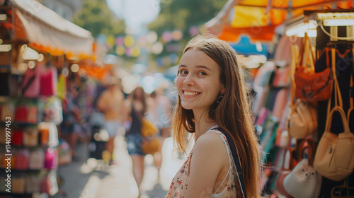 content creator girl walking through a summer market