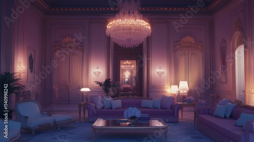 Elegant luxurious living room with chandelier and soft lighting