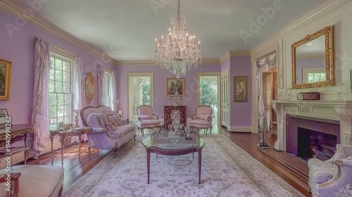 Elegant Lavender Living Room with Vintage Decor and Chandeliers