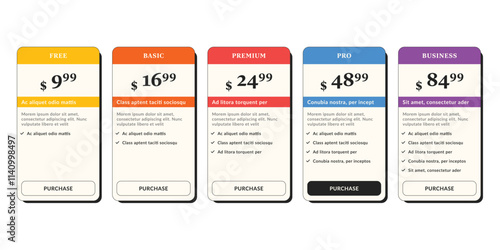 Web template for pricing plans or subscriptions. Product and price comparison table. UI kit vector.