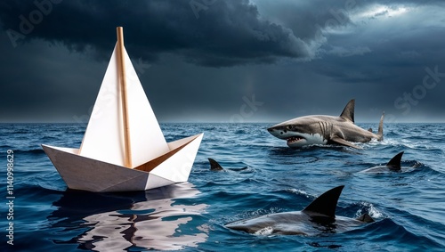 paper boat at risk, drifting in water surrounded by sharks, symbolizing vulnerability and the dangers of navigating through hostile environments