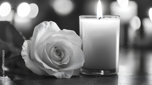Monochrome image featuring a white rose beside a lit candle, evoking a serene mood for remembering and honoring lost loved ones