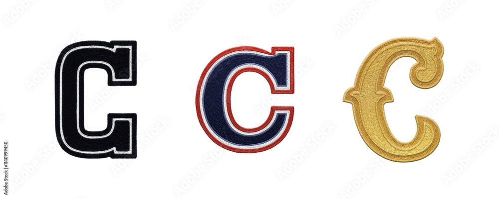 Letter C embroidery patches in various typographic styles isolated on transparent background Letter C embroidery patches in various typographic styles isolated on transparent background