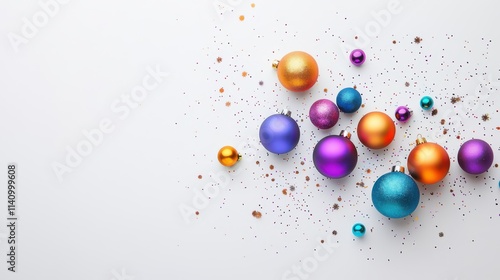 Collection of colorful baubles with glittering finishes, scattered on a white background.