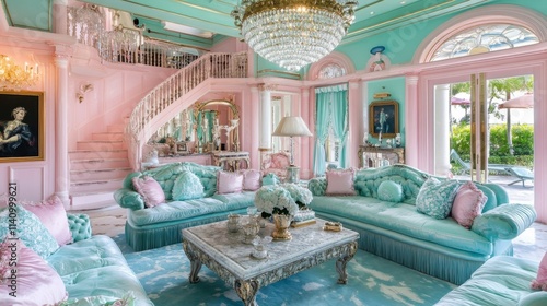Elegant and Luxurious Pink and Aqua Living Room with Chandelier