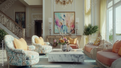 Elegant living room interior with floral furniture and bright decor