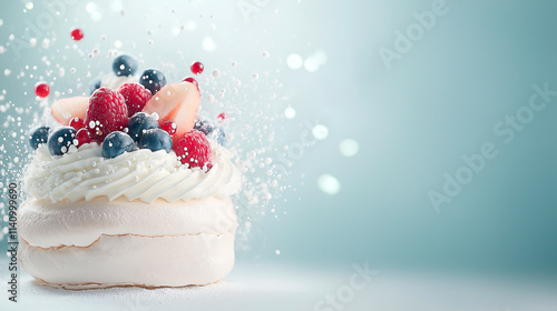 Close-up of a heart-shaped pavlova topped with fresh berries and mint, soft pastel lighting, Valentine s pavlova, Elegant meringue dessert photo