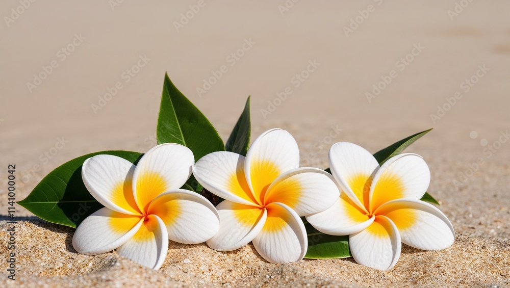 Plumeria flowers scattered on the beach, blending the beauty of tropical blooms with the serene backdrop of the ocean and sandy shore Plumeria flowers scattered on the beach, blending the beauty of tropical blooms with the serene backdrop of the ocean and sandy shore