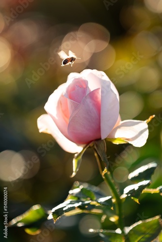 Bee and a pink rose