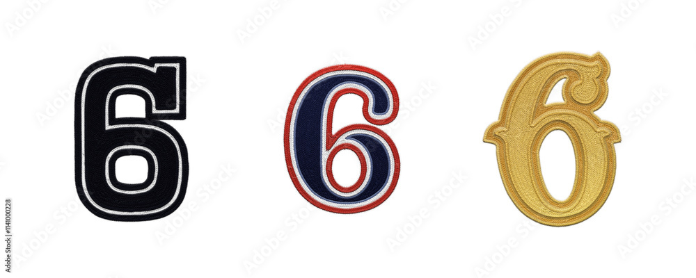 Number 6 embroidery patches in various typographic styles isolated on transparent background Number 6 embroidery patches in various typographic styles isolated on transparent background