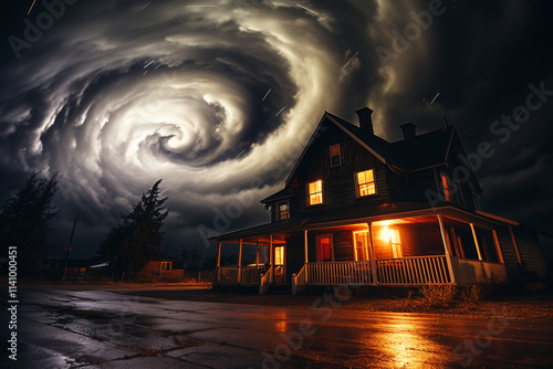 painting captures impending danger of a tornado, with its ominous dark clouds, swirling vortex, and perilous plight of vulnerable occupants in wooden house photo