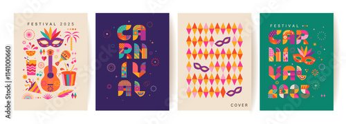 Set carnival flyers for festival 2025.Banner,invitation for holiday.Party cards to carnaval,mardi gras,masquerade, parade with fireworks, pattern, symbols of holiday. Template for design web. Vector