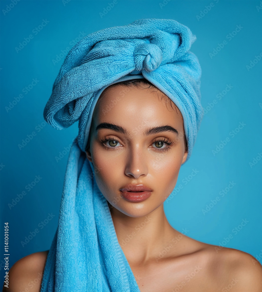 Mujer con toalla azul en la cabeza Mujer con toalla azul en la cabeza