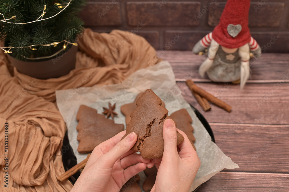 Fototapeta premium Christmas homemade baking, woman breaking gingerbread cookies with her hands, spices on the wooden table, tree near brick wall, cloth on a background