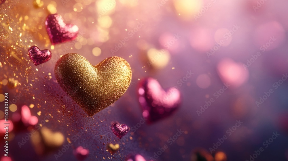 Obraz premium Glittering Gold And Pink Hearts Romantic Background