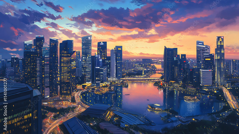Fototapeta premium Oil painting on canvas, singapore cityscape at dusk, landscape of singapore business building around marina bay, modern high building in business district area at twilight