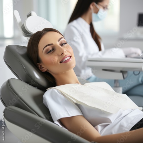 Beautiful young woman sitting in dental chair at clinic. Dentistry