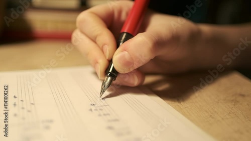 children's hand study alone writing on music notebook preparing homework for music school