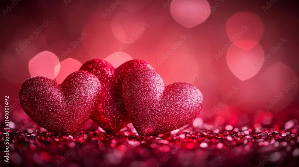 Three Glittery Red Hearts on Red Background Three Glittery Red Hearts on Red Background