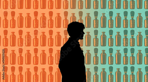 Silhouette of a person in a contemplative mood standing among bottles on a colorful background