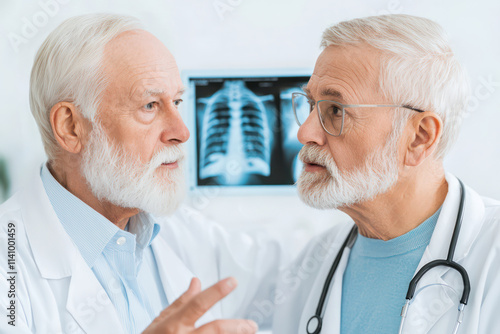 doctor explaining X ray image to patient in medical setting