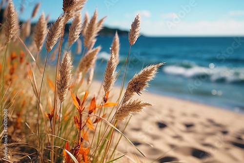 peaceful existence of sand dunes and multicolor beach grass by ocean, showcasing vibrant coastal plants, golden beaches, and interconnectedness of land and sea photo