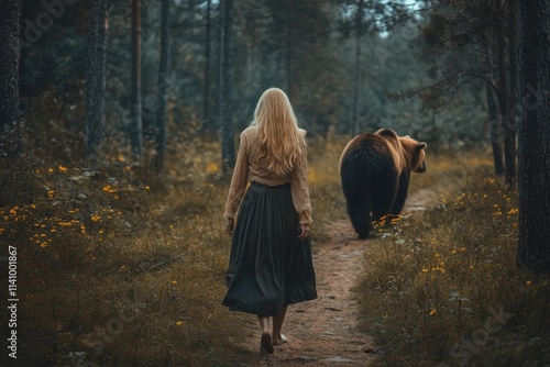 bear and girl in the woods