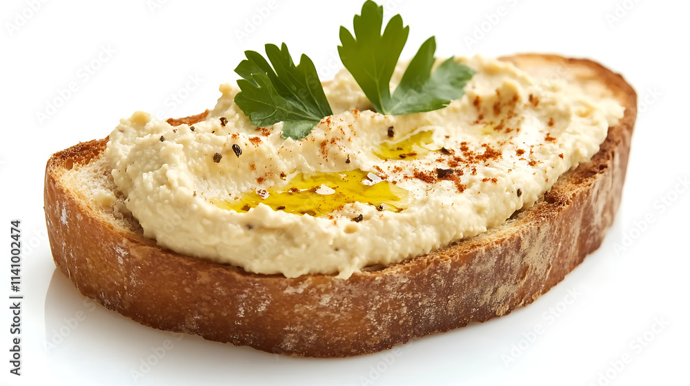 One single toast bread with creamy hummus with oil and spices isolated on white background One single toast bread with creamy hummus with oil and spices isolated on white background