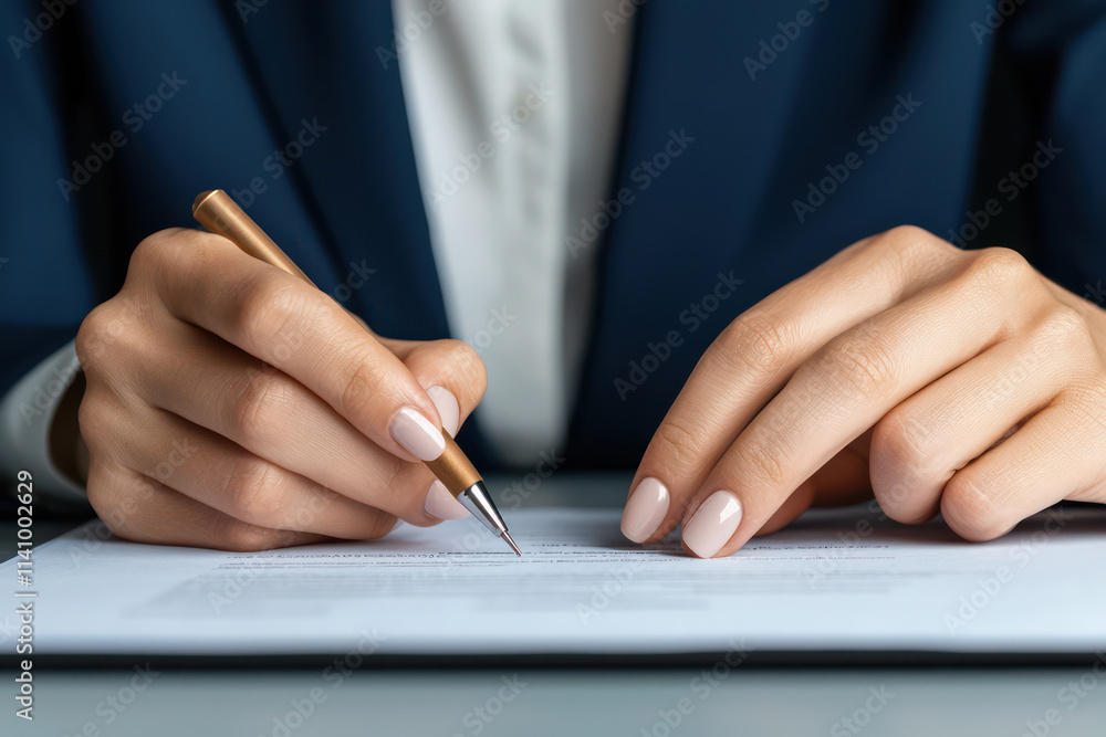 Professional woman signing document with pen, showcasing focus and precision Professional woman signing document with pen, showcasing focus and precision