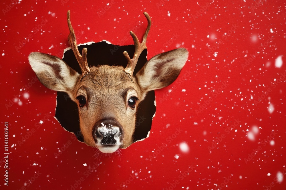 reindeer peeking through a paper hole christmas advertisement concept reindeer peeking through a paper hole christmas advertisement concept