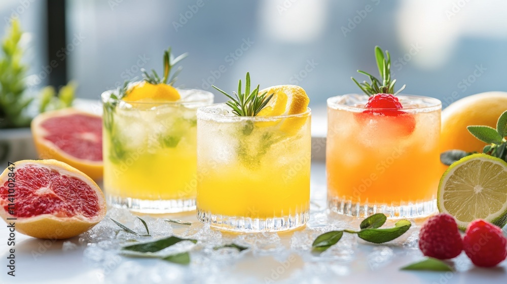 Fototapeta premium Colorful Cocktails with Fresh Fruits and Herbs on a Bright Tabletop