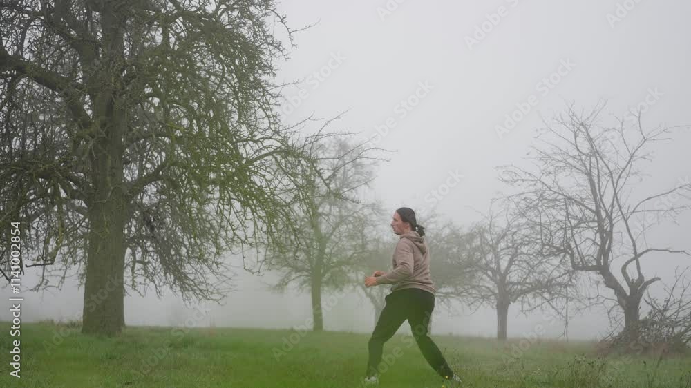 Man doing kickboxing training in a morning foggy field, late autumn. Slow motion. A person in an energetic pose in a misty field, showcasing creativity and dynamic expression in nature Man doing kickboxing training in a morning foggy field, late autumn. Slow motion. A person in an energetic pose in a misty field, showcasing creativity and dynamic expression in nature