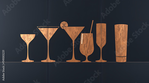 Cocktail glass silhouettes in elegant style on dark background with copy space photo