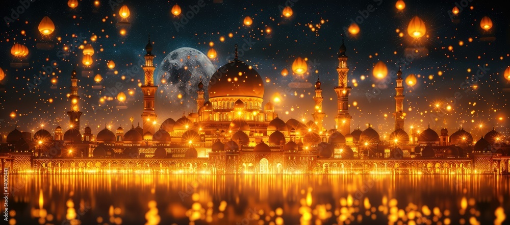 A serene night scene featuring a grand mosque illuminated by floating lanterns. A serene night scene featuring a grand mosque illuminated by floating lanterns.