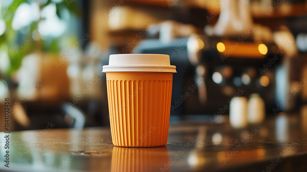 Orange reusable coffee cup is sitting on a cafe counter with a blurred coffee machine in the background Orange reusable coffee cup is sitting on a cafe counter with a blurred coffee machine in the background