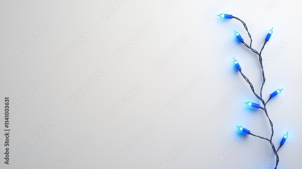 Obraz premium Single string of blue LED Christmas lights, glowing against a plain white background.