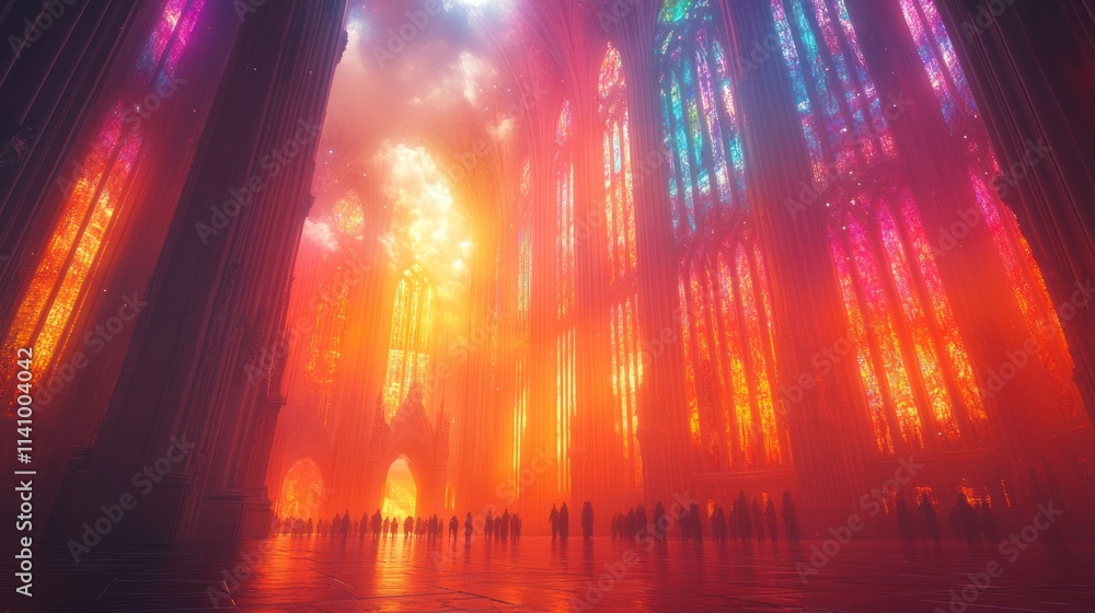 Fototapeta premium Glowing cathedral, figures gather, ethereal light.