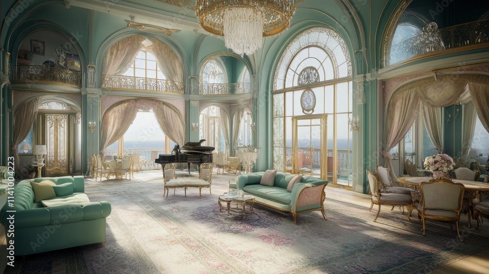 Fototapeta premium Elegant Interior Design of Luxurious Living Room with Sea View