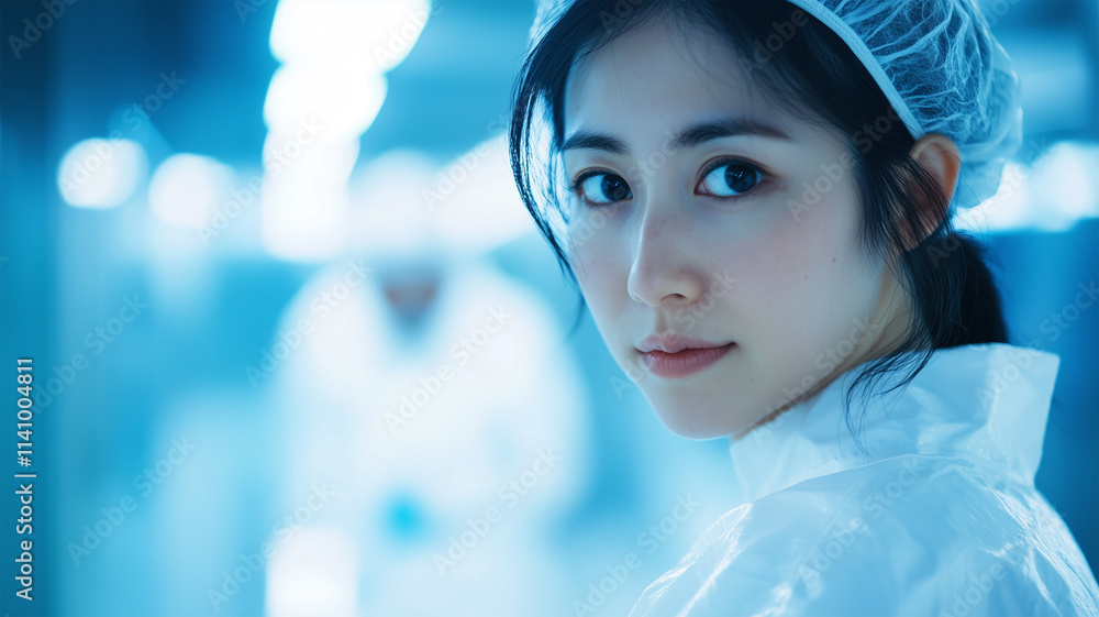半導体部品を慎重に検査する日本人技術者 半導体部品を慎重に検査する日本人技術者