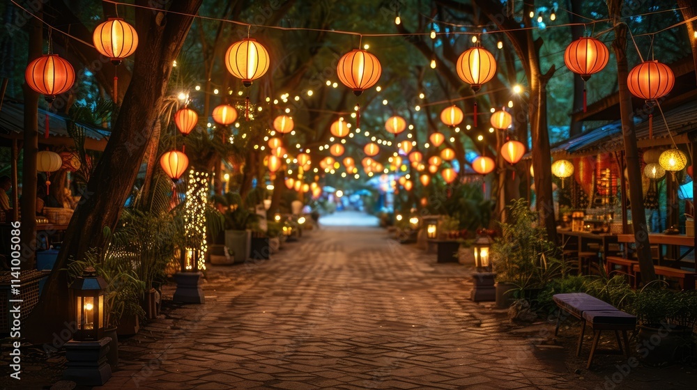 A serene pathway adorned with glowing lanterns, creating a festive atmosphere. A serene pathway adorned with glowing lanterns, creating a festive atmosphere.