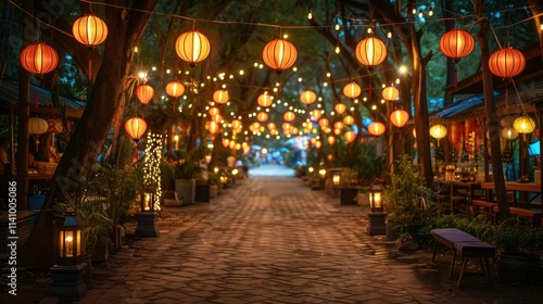Wallpaper Mural A serene pathway adorned with glowing lanterns, creating a festive atmosphere. Torontodigital.ca