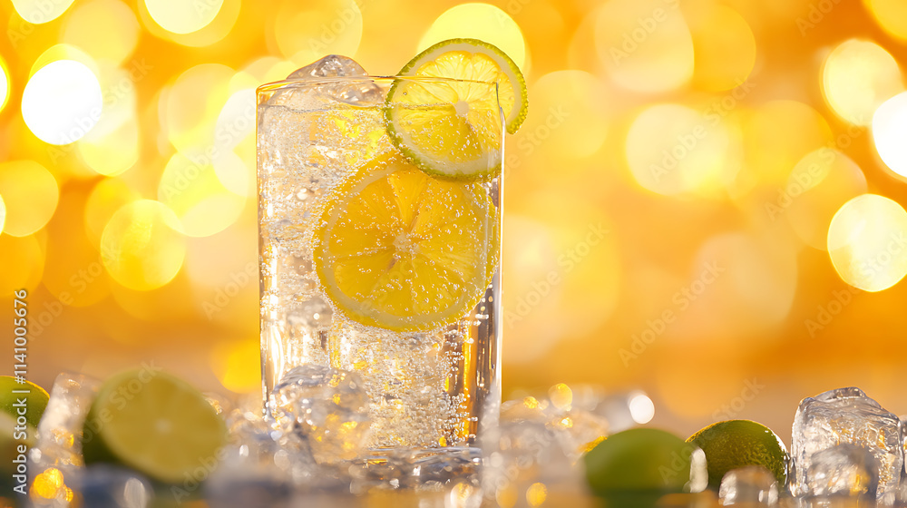 Tall glass of sparkling water infused with fresh lemon and lime slices, surrounded by ice cubes, against a vibrant, sunny orange bokeh background Tall glass of sparkling water infused with fresh lemon and lime slices, surrounded by ice cubes, against a vibrant, sunny orange bokeh background