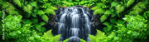 close up of majestic waterfall cascading down surrounded by lush green ferns, creating serene and tranquil atmosphere