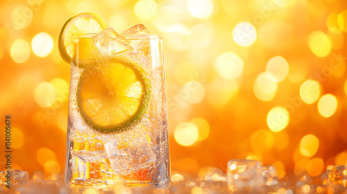 Tall glass of sparkling water infused with fresh lemon and lime slices, surrounded by ice cubes, against a vibrant, sunny orange bokeh background photo