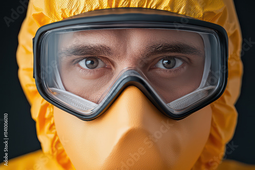 Close up of man in protective gear, focused and alert, wearing yellow suit and goggles photo