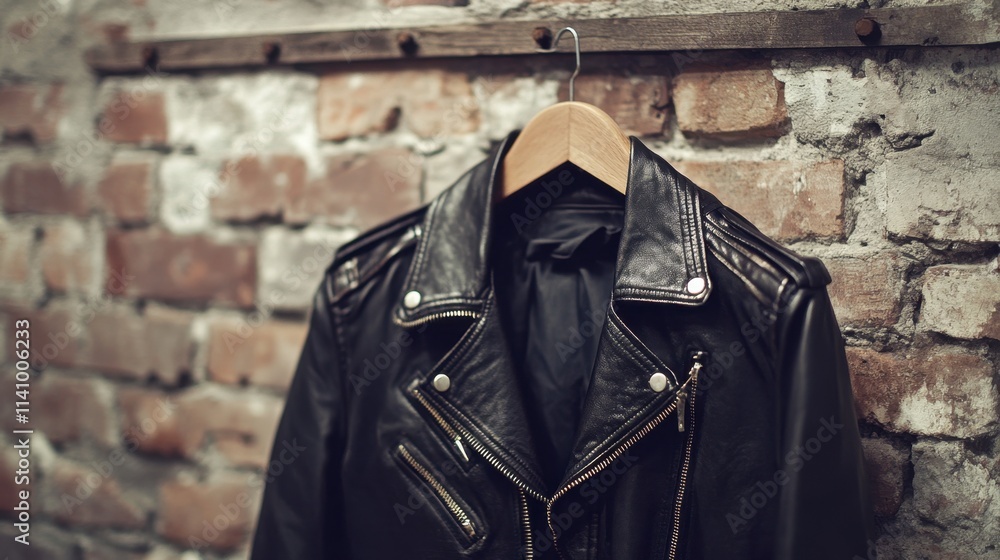 Naklejka premium Stylish Black Leather Biker Jacket on Hanger Against Brick Wall